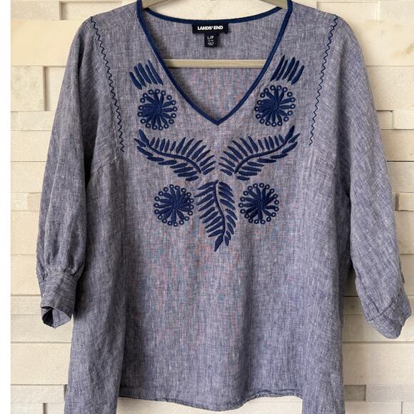 Lands' End Blue Embroidered Blouse - Picture 1 of 6